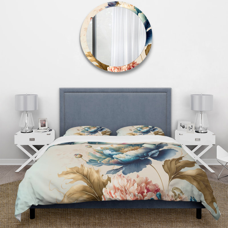 Blue And Gold Floral Bunch I - Floral Duvet Cover Set - Microfiber Polyester, King Duvet Cover + 2 King Shams