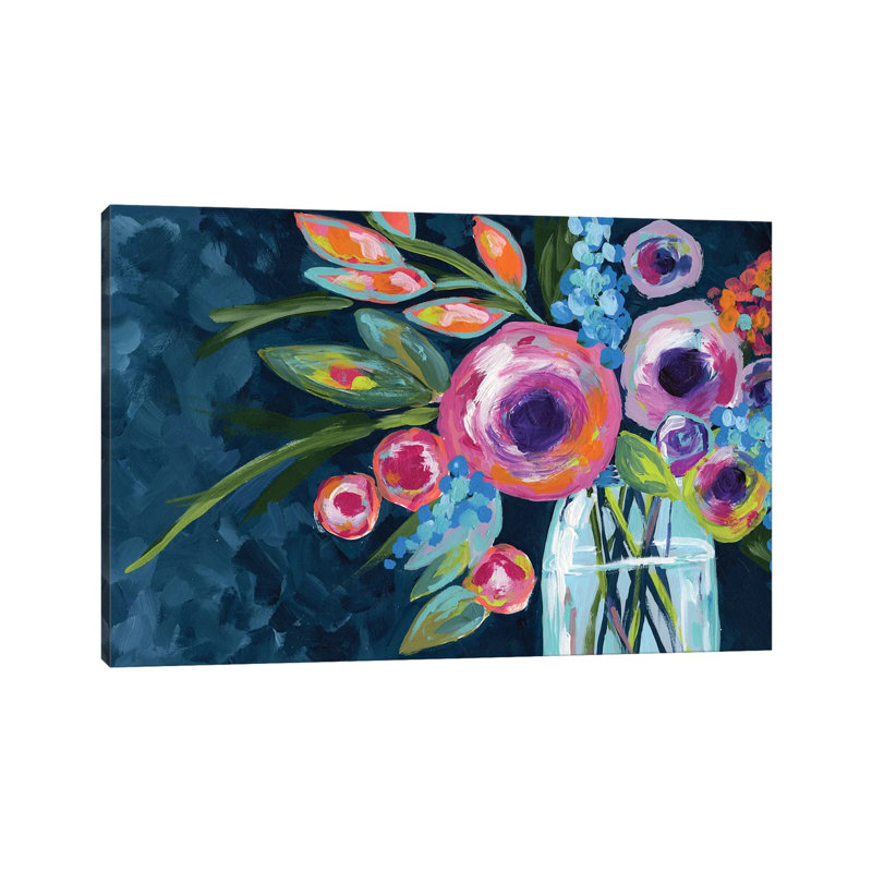 Flowers In A Mason Jar Indigo - Wall Art Print - Wrapped Canvas, Wrapped Canvas, 18" H x 26" W, Does Not Apply