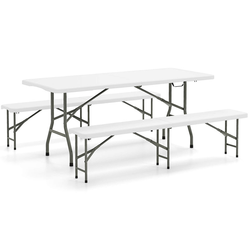 Ensemble de table de pique-nique pliable 3 pièces avec table basse de 6 pieds et 2 bancs, White