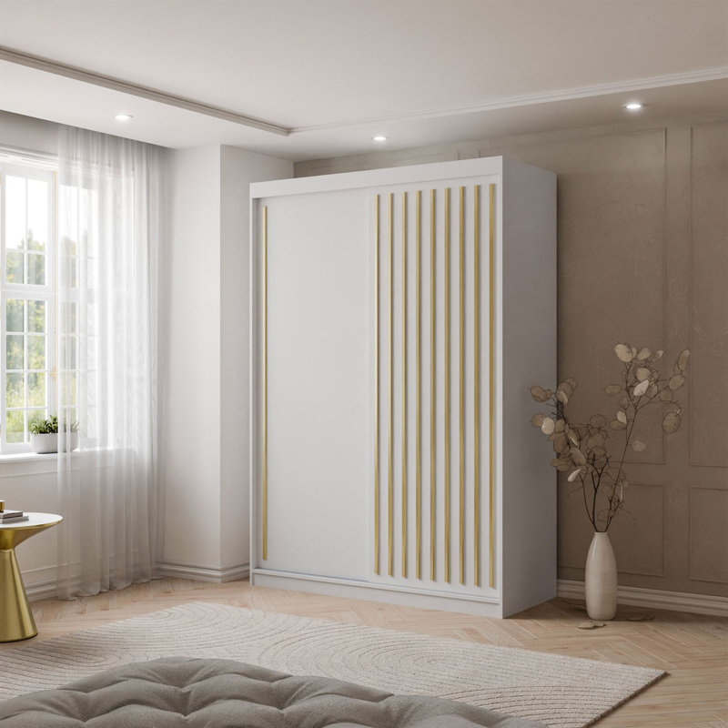 Sliding Wardrobe AURIS  with Gold Strips, White Matt