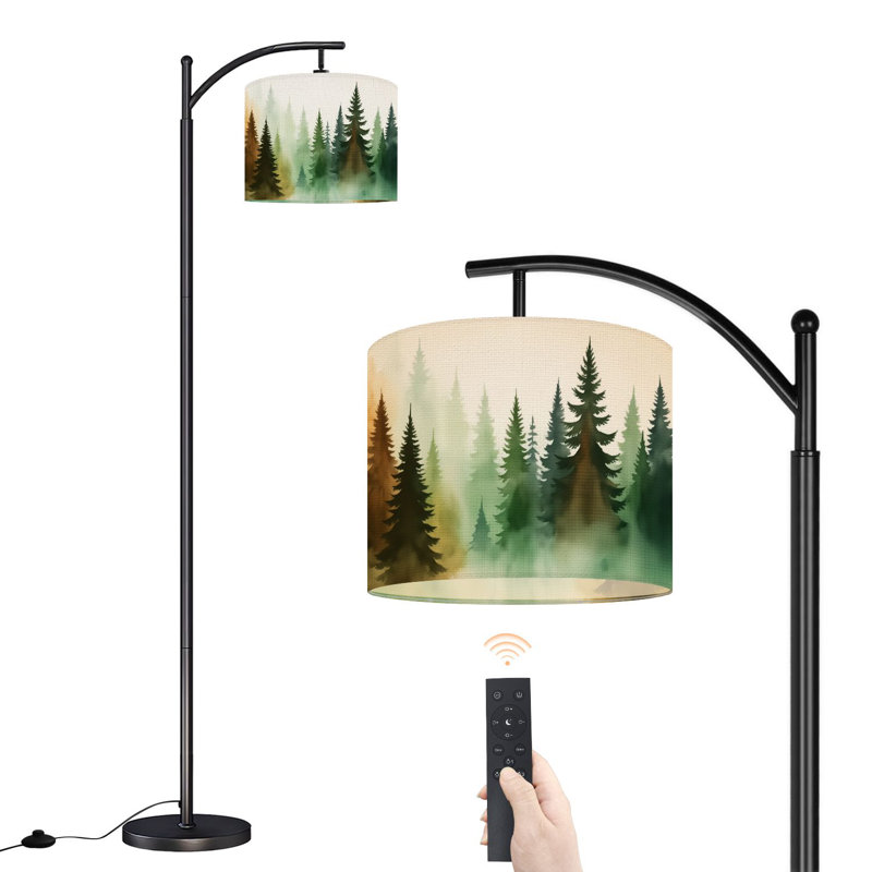 Lampe sur pied à arc avec abat-jour réglable Misty Forest Evergreen Trees Aquarelle Paysage Lampe sur pied 3 températures de couleur à intensité variable pour lampe
