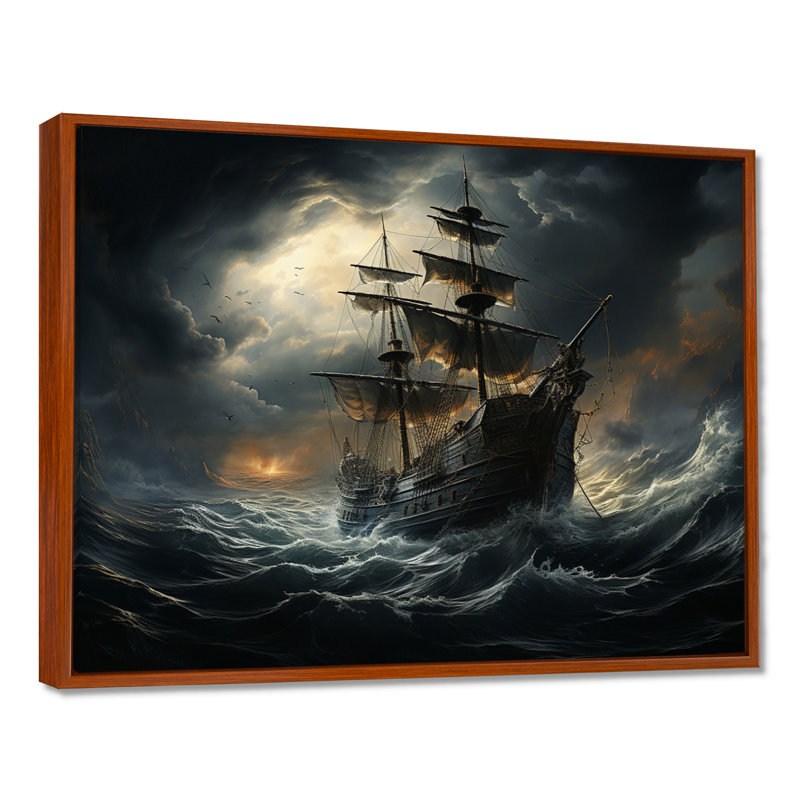 Pirate Ship At Stormy Seas - Art mural encadré pirate, 30" H x 40" W, Cadre flottant brun