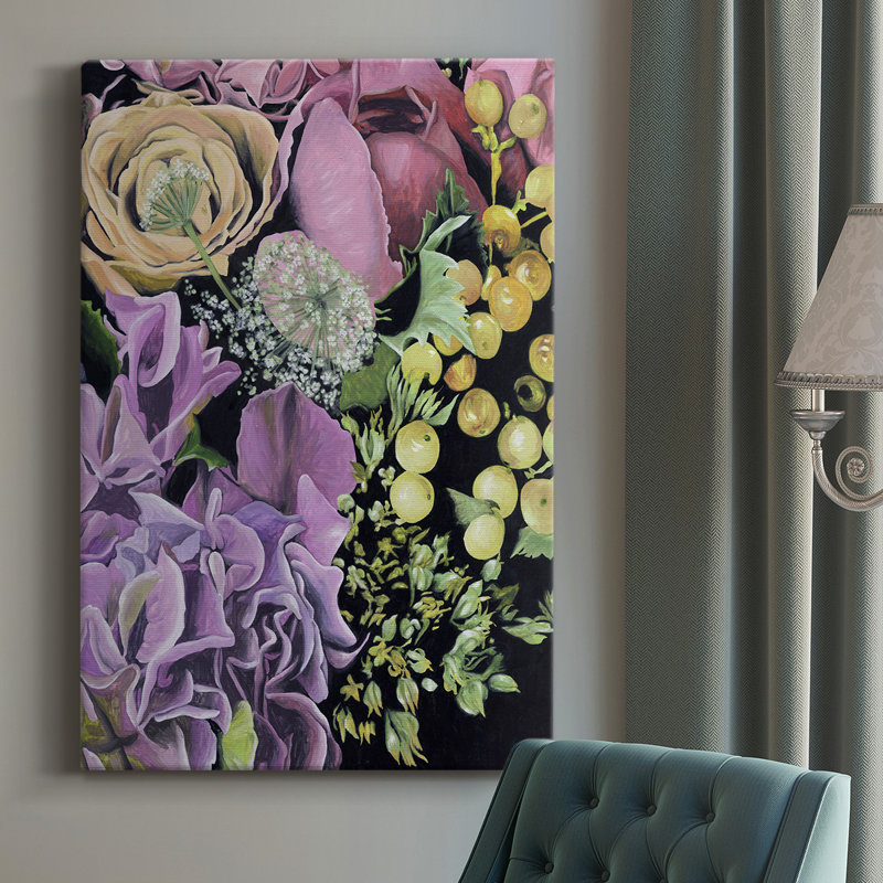 Floral sur fond noir - impression sur toile tendue, L 12 po x H 18 po