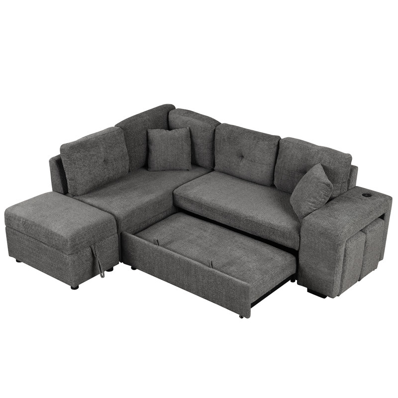 Canapé-lit convertible moderne de 87,7 po, canapé-lit modulaire escamotable avec repose-pieds avec rangement, 2 coussins décoratifs, 2 tabourets