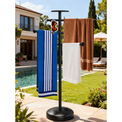 Freestanding Towel Rack With Wheels For Pool Spa Hot Tub, 63-Inch Adjustable Towel Holder With Storage Tray, Indoor Outdoor Use