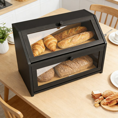 Farmhouse Style Bread Box For Kitchen Countertop, Double Layer Bamboo Wooden Bread Storage Container With Acrylic Door And Magnetic Closure, Extra Large Capacity Food Organizer
