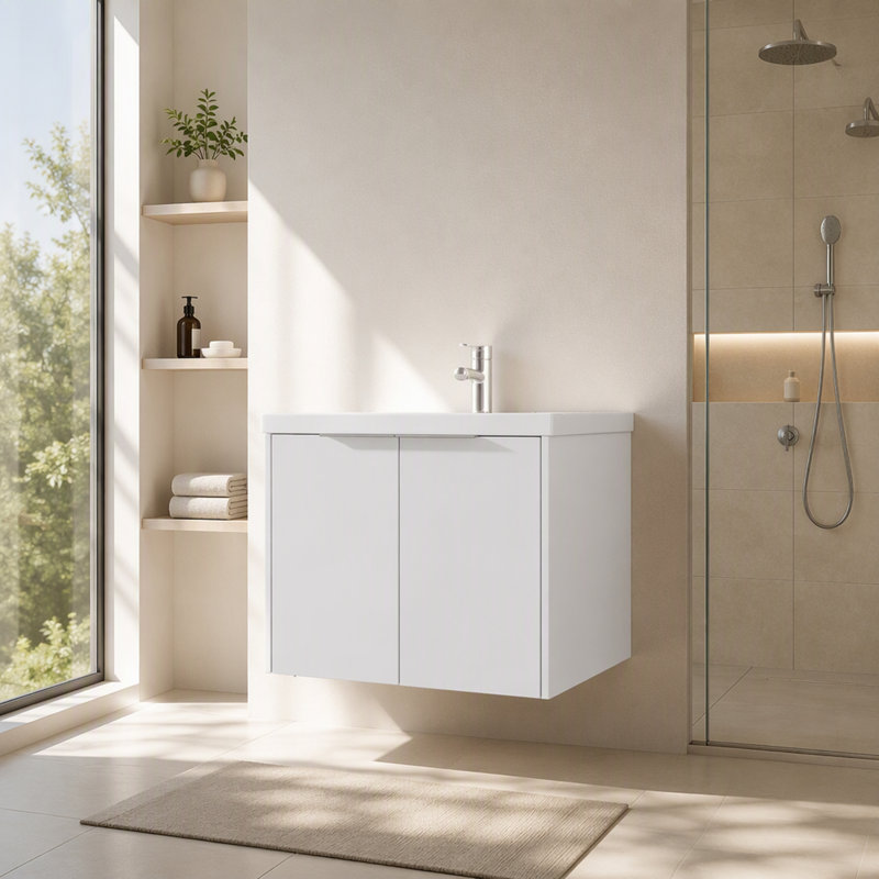 Meuble-lavabo suspendu de 61 cm avec lavabo, lavabo en céramique de 2 cm, armoire en contreplaqué, portes doubles à fermeture amortie