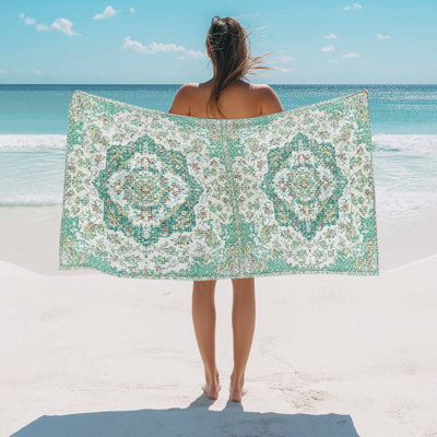 Beach Towel Turquoise Medieval Flowers Bath Pool Towels Retro Bohemian Pattern Absorbent Beach Towel Soft Large Quick Dry Lightweight Camping Travel Sports Yoga Gym Swim Towels for Adult 35x70 Inch
