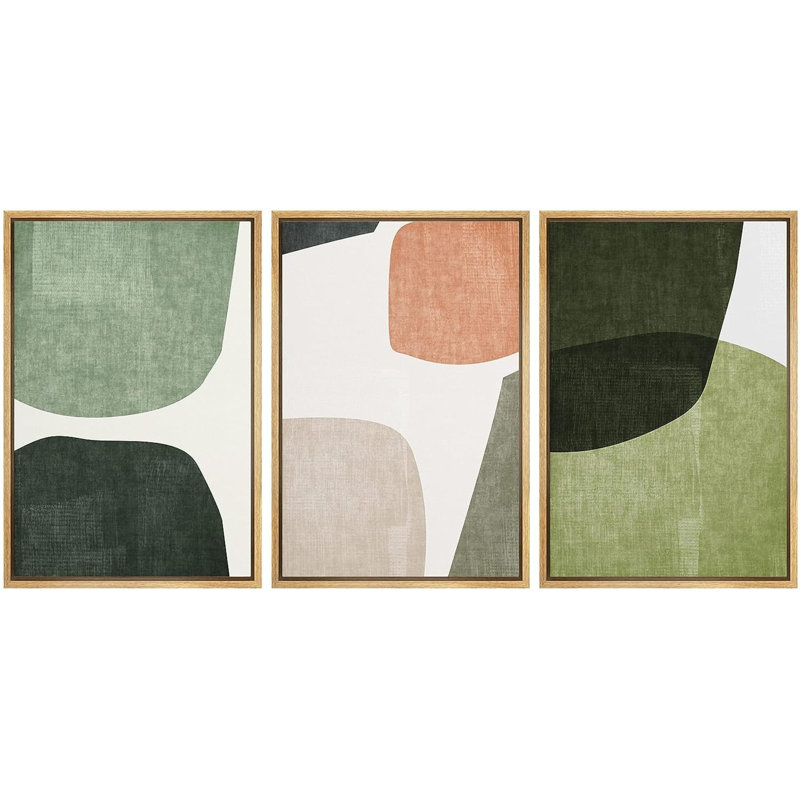 Mid Century Shape Green Tripyth Multicolor Ovals Abstract Mid Century Modern Framed Canvas 3 Pieces Print Wall Decor