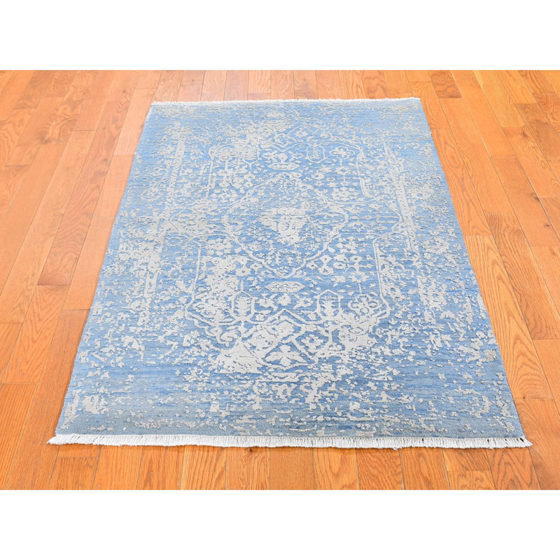 Tapis unique bleu / ivoire noué à la main 3 pi x 5 pi Frejya