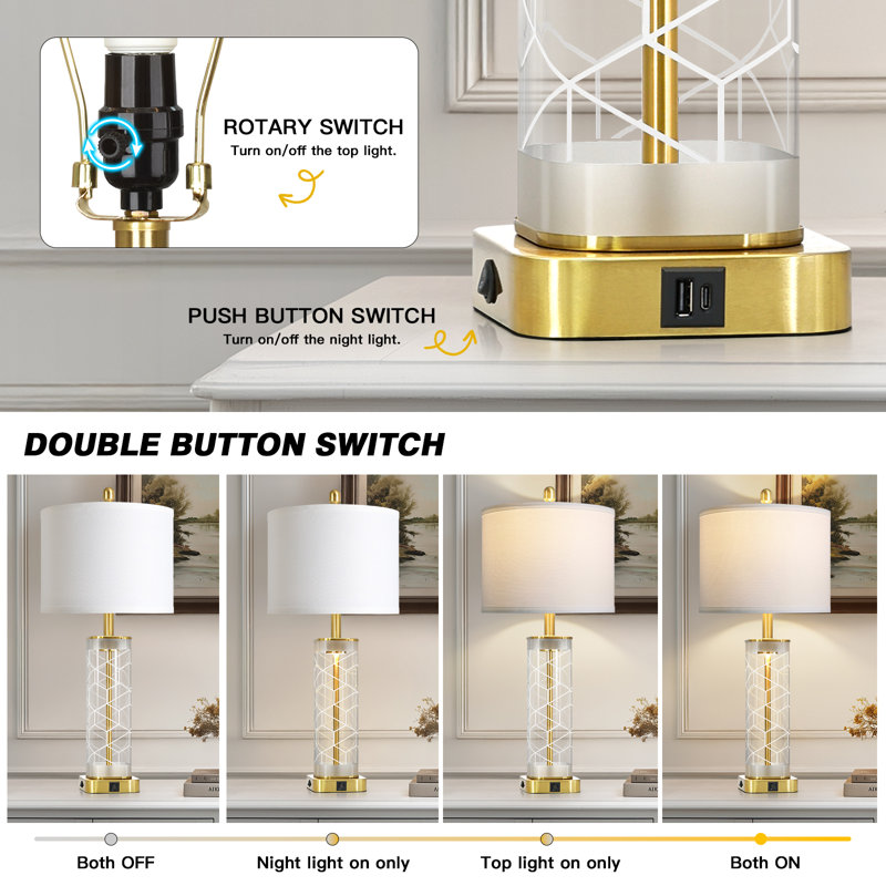 28" Modern Glass Table Lamp with Night Light, USB & Type-C Charging Ports, White Fabric Shade, 2-Light Design, Gold