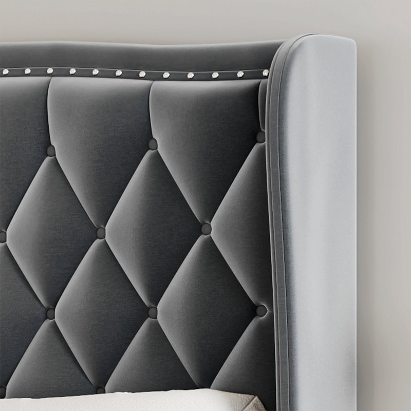 Mirabai Upholstered Metal Wingback Bed, Full, Gray