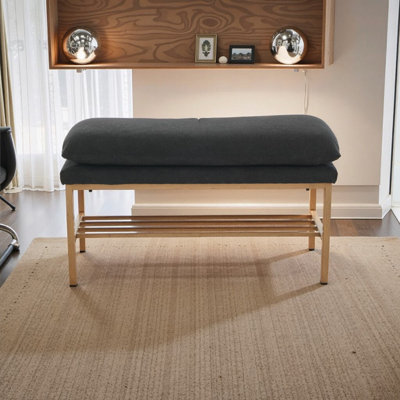 Modern Linen Upholstered Storage Bench - Bed End, Entryway Shoe Bench with Shelf, 300 LB Capacity, Easy Assembly, Black
