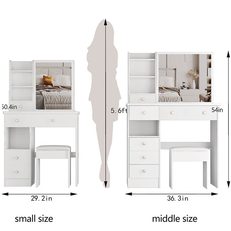 Petit meuble-lavabo de 29,2 po avec tiroir à gauche et tabouret rembourré, très grand miroir coulissant à droite, rangement multi-couches à grande capacité, commode pratique et pratique, convient aux petits espaces