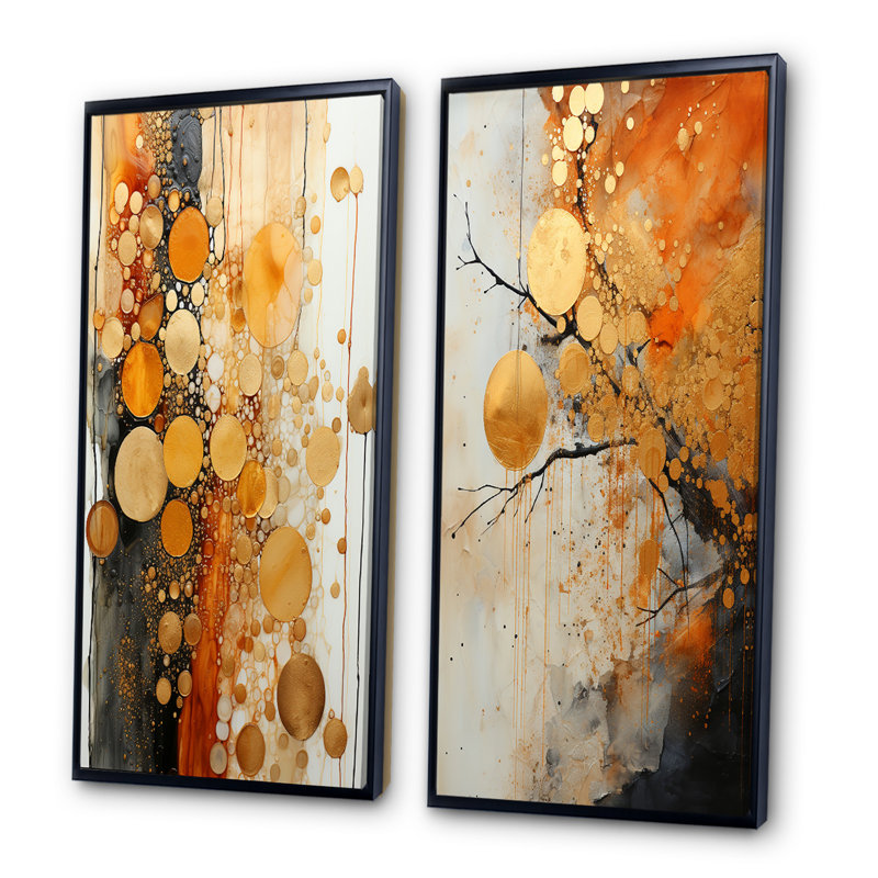 " Gold Grey Rustic Reflections " 2 - Pieces, 40" H x 40" W, Black Framed