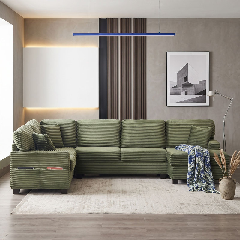 Canapé de coin en velours côtelé 6 places avec pouf amovible, Vert