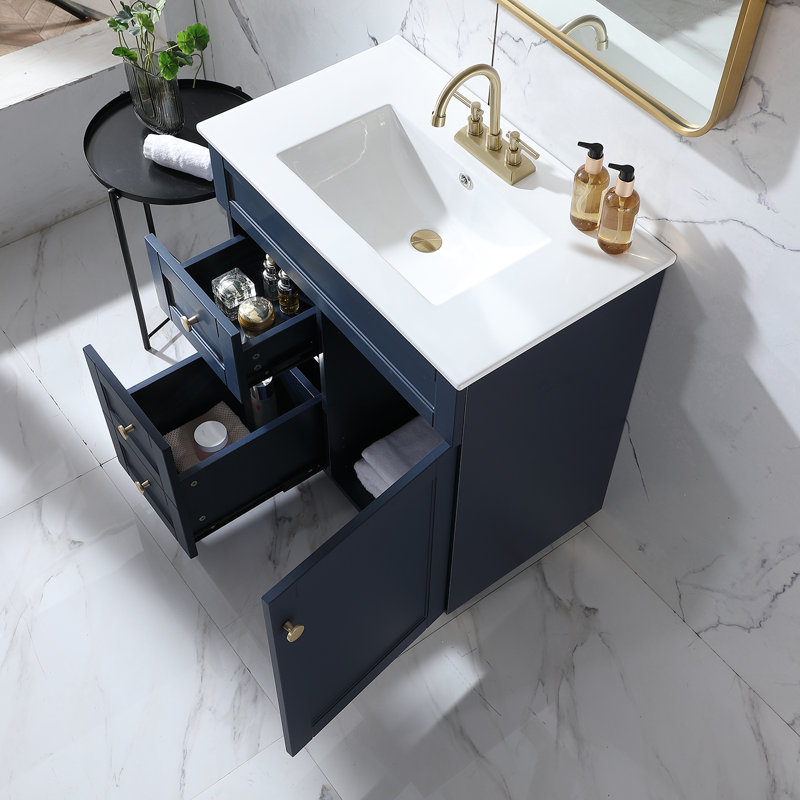 Ensemble de meuble-lavabo simple autoportant moderne 30 po avec plateau en céramique Taziyah, Bleu