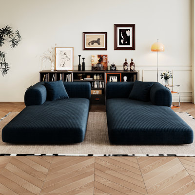 Lit convertible bleu de 78,8 po avec accoudoirs de soutien pour le dossier, dossier modulaire en velours côtelé désossé pour les espaces de vie, sans accoudoirs et support à compression sans installation, chambre à coucher,