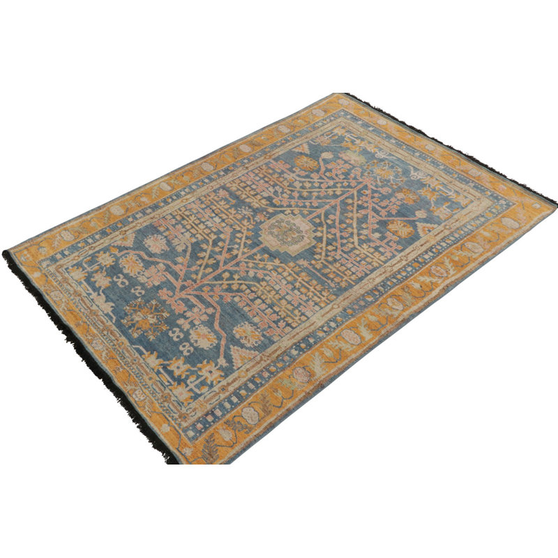 Rug & Kilim’S Khotan Rug In Blue, Gold And Pink Geometric-Floral Patterns, Rectangle 6' x 9'
