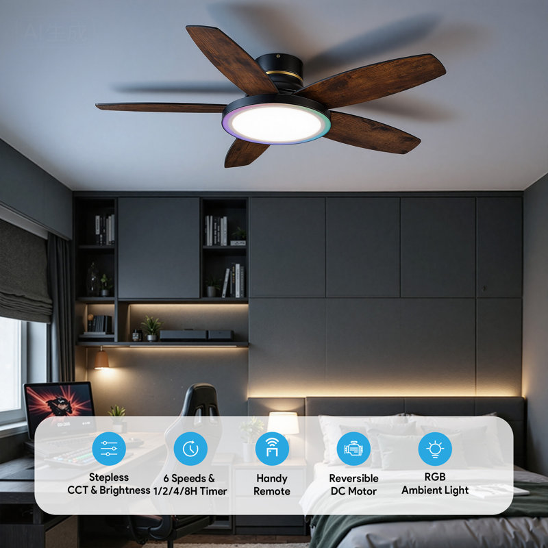 42" 5 - Blade Flush Mount Low Profile Small Room Ceiling Fan with Adjustable RGB Light and Remote, Matte Black/Black