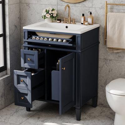 Meuble-lavabo 24 po avec lavabo en céramique | Conception d'inspiration parisienne avec pieds romains sculptés, rangement à 3 tiroirs (basculant + 2 tiroirs) et armoire avec tablette réglable