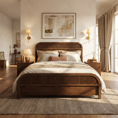 Marek Mid-Century Modern Wood Platform Bed Frame with Slatted Headboard