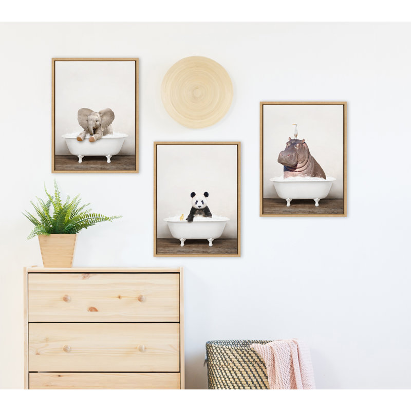 Panda Waving in Rustic Bath Framed Canvas by Amy Peterson Art Studio 18x24, Natural Framed