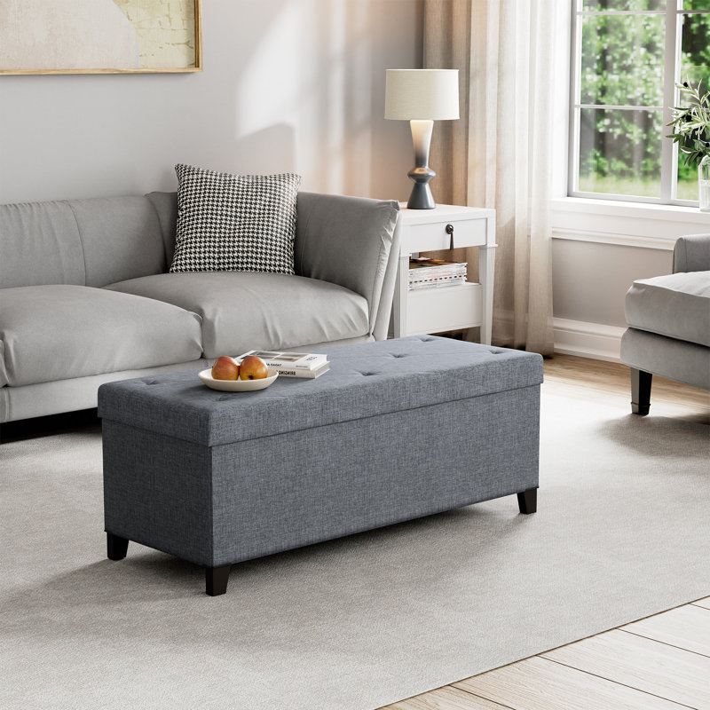 Upholstered Storage Bench with Solid Wood Legs, Gray