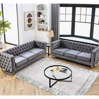 Sièges de salon modernes: boutons, accoudoirs carrés, pieds en métal Velours contemporain: support, gris