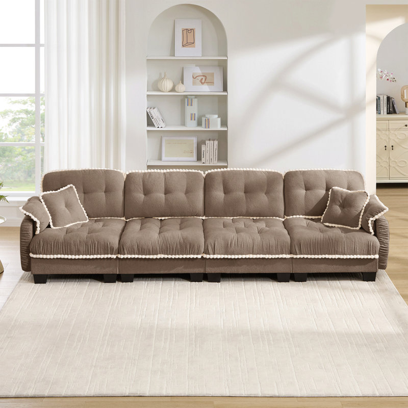 Canapé en chenille à 4 places avec 4 coussins, conception ergonomique et coussins capitonnés à garniture de pompons, siège profond facile à assembler pour le salon