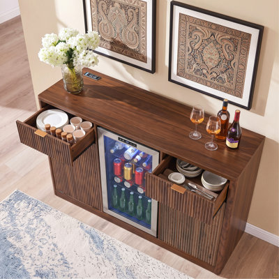 59" Coffee Bar Cabinet with Fridge Space & Tilt-Out Trash Cabinet, Mini Fridge Wine Cabinet with Storage/Charging Station, Fluted Buffet Sideboard with Glass Holder for Dining Room, Walnut Brown