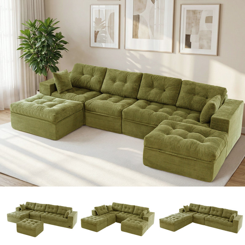 Boneless Corduroy Cloud Modular Couch,4-in-1 Flexible Combination Sectional Sofa, Green, 21" H x 130" W x 66.5" D