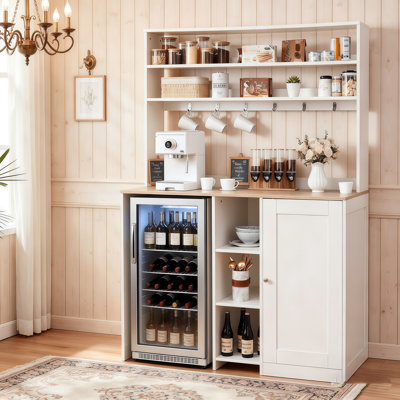 Compact Coffee Bar Cabinet with Microwave Stand & Built-in Power Outlets, Featuring Mini Fridge Space and Wine Racks for Small Kitchens or Dining Rooms, White