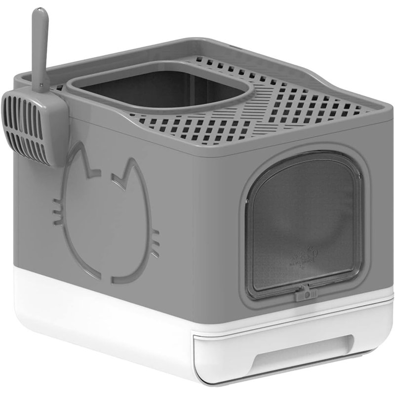 Bac à litière pliable pour chat avec pelle, couvercle, Gris