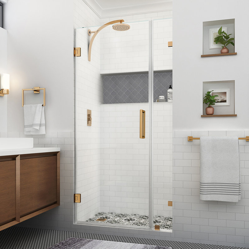 Nautis XL 42.25 - 43.25 in. W x 80 in. H Hinged Frameless Shower Door with Clear StarCast Glass, Brushed Gold
