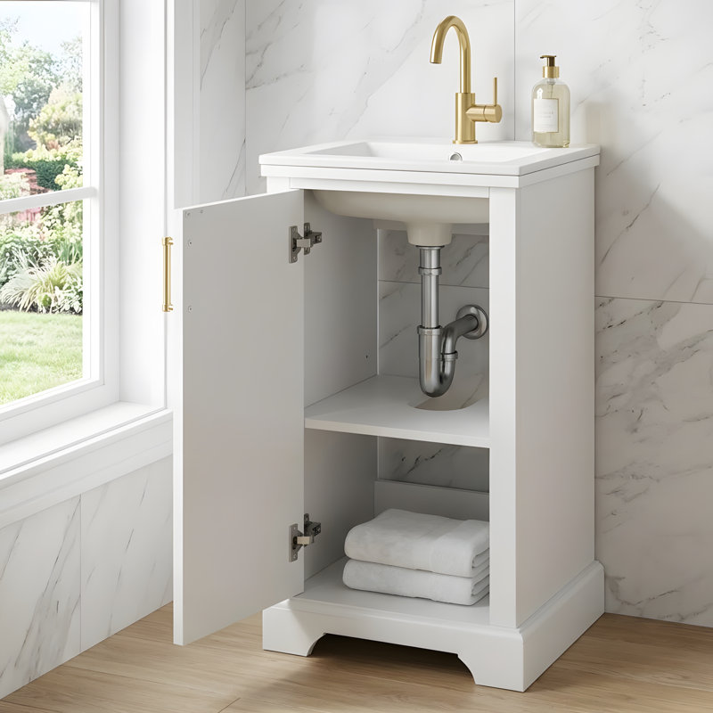 Ensemble de meuble-lavabo simple 16 po avec lavabo en céramique, ensemble de meuble-lavabo autoportant avec porte à fermeture douce et tablette réglable, style français, blanc