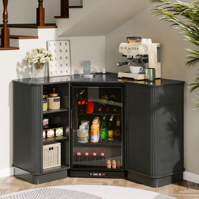 L-Shaped Corner Bar Cabinet with Fridge Space and Built-In Power Station, Sliding Tambour Doors, Adjustable Shelves and Workspace