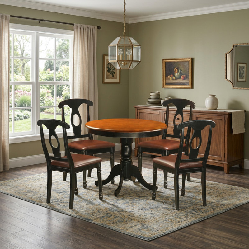 Ensemble de salle à manger rond 5 pièces en bois d'hévéa couleur cerisier babeurre avec 4 chaises de salle à manger assises en simili cuir