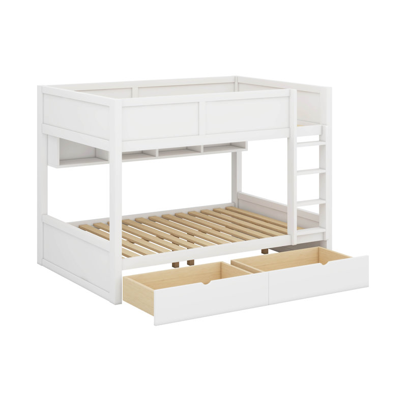 Lit superposé en bois double TG avec échelle, tablettes et tiroirs de rangement, lit superposé multifonctionnel au sol, Blanc