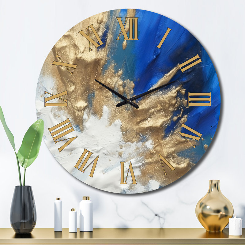 Transcendance abstraite en bleu et or II - Horloge murale abstraite, Grand