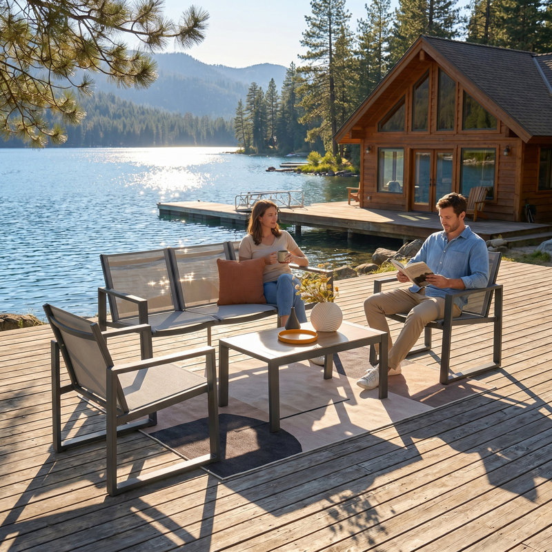 4-piece Outdoor Patio Conversation Set With Aluminum Frame, PVC-coated polyester Seating, And Spc Wood-look Coffee Table