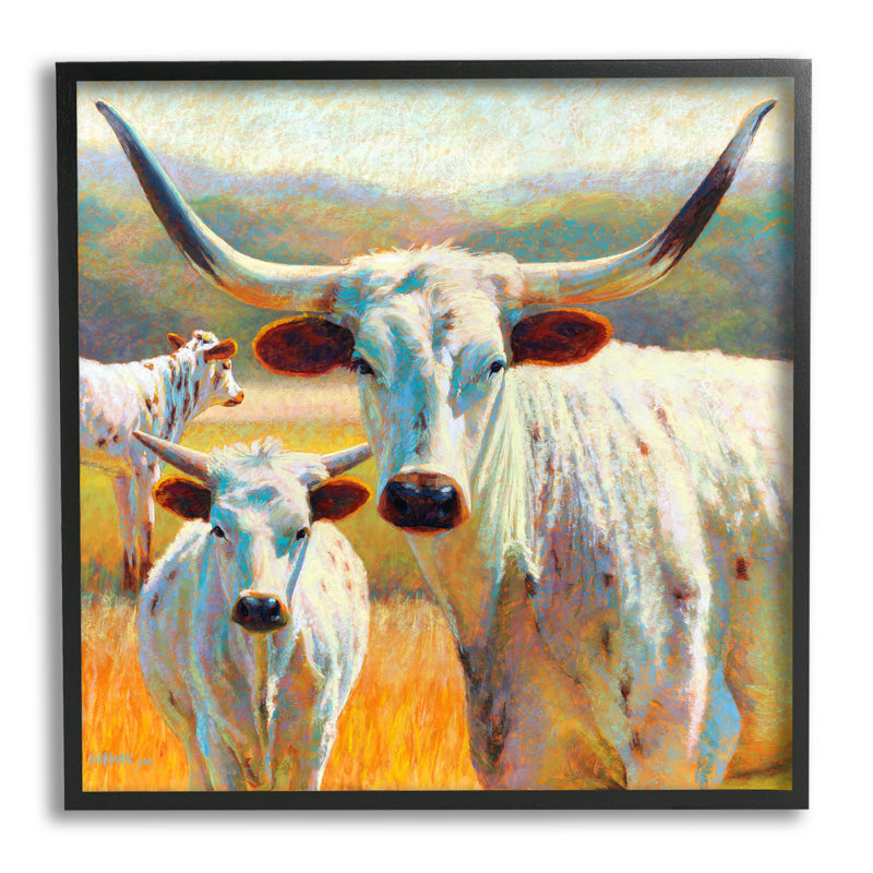 Art de giclée blanche de longhorn à bovins par Rita Kirkman, H 12 po x l 12 po x P 1,5 po, Giclée encadrée noir minuit