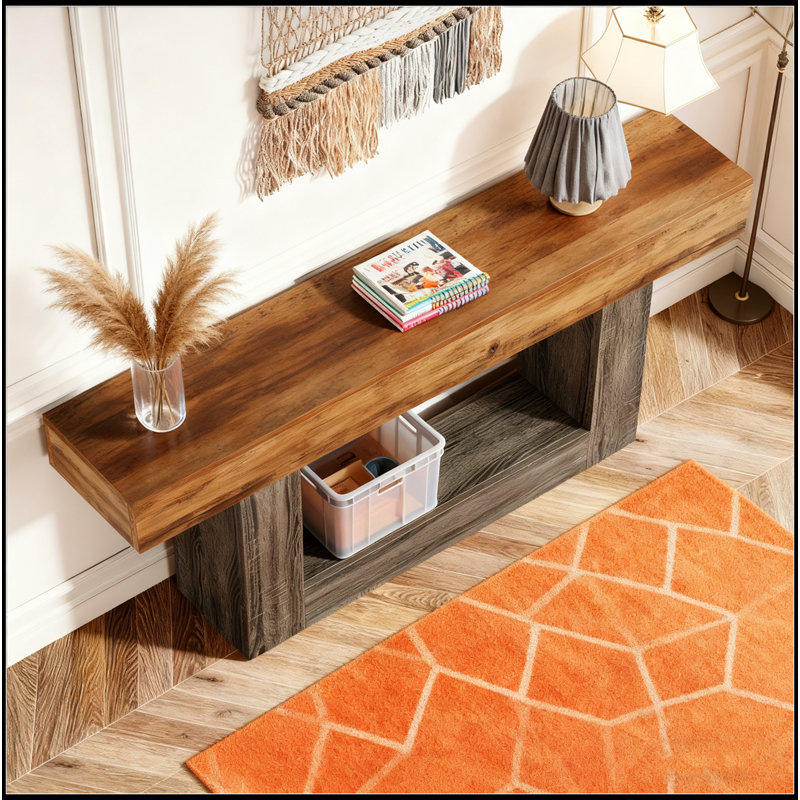 63" Console Table, Farmhouse 2-Tier Entryway Table With U-Shaped Base, Narrow Long Wood Sofa Table Behind Couch Table For Living Room