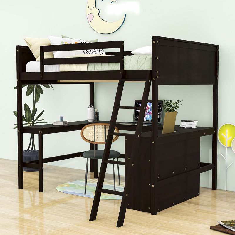 Lit mezzanine en bois avec bureau et Ã©tagÃ¨res, Espresso, Lit simple