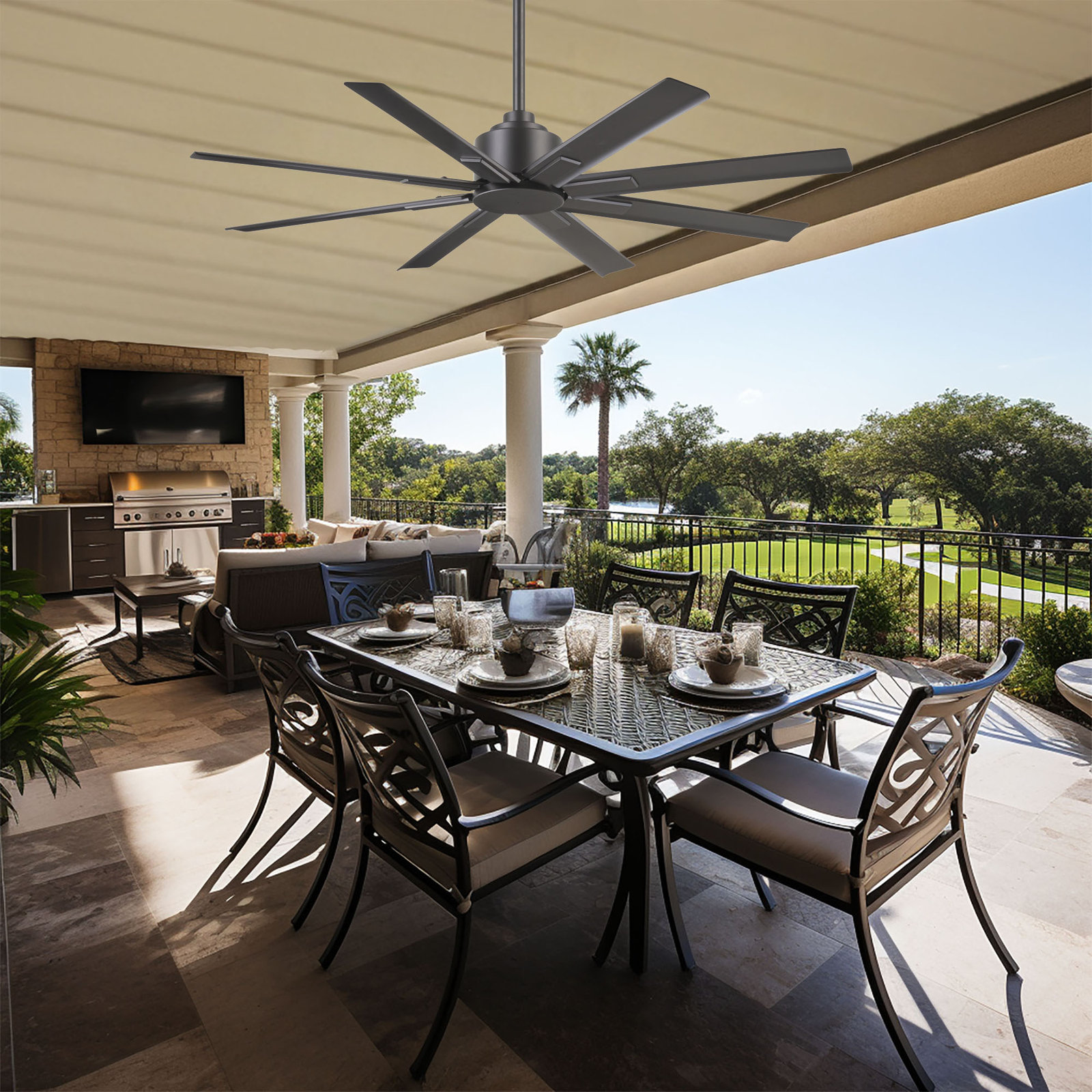 8 - Blade Outdoor Standard Ceiling Fan with Remote Control, Smoked Iron, 52" Wide