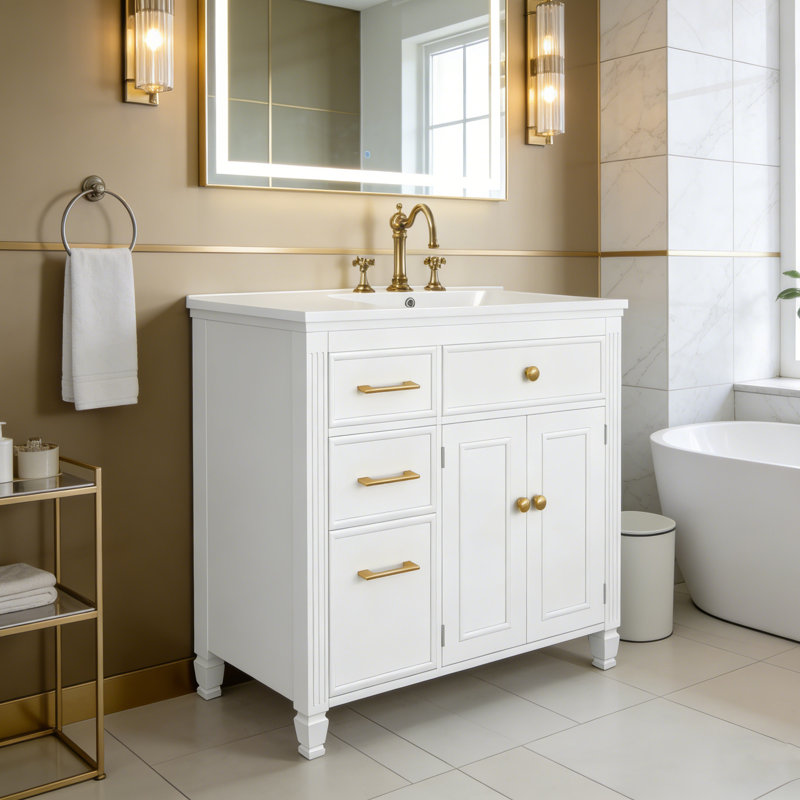 Meuble-lavabo sur pied 36 po avec lavabo en céramique, Blanc