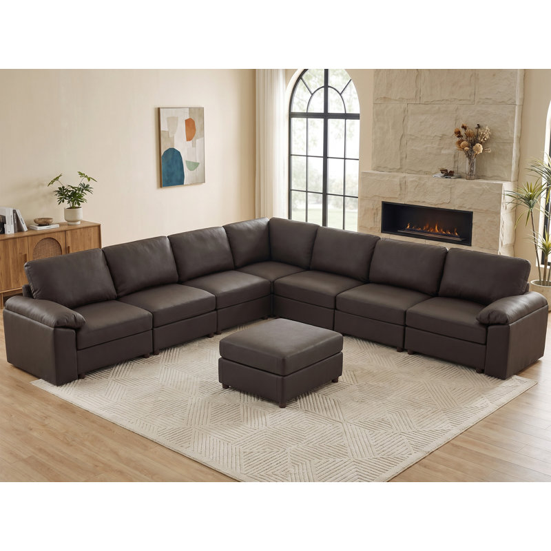 Canapé modulaire moderne avec repose-pieds en cuir de polyuréthane Marybelle Marybelle, Brown Faux Leather