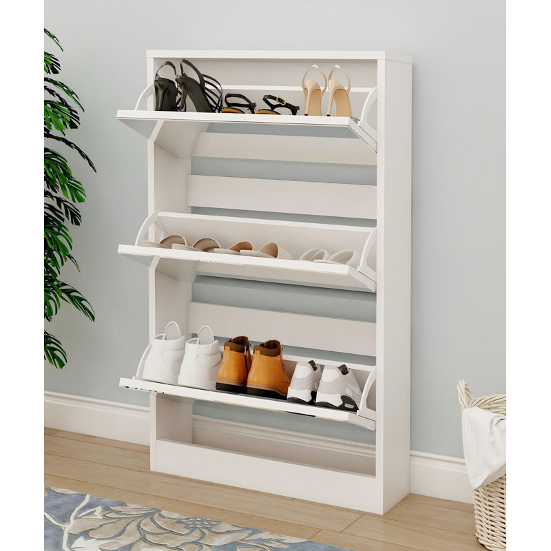 3- Tier 18 Pair Flip-Down Shoe Storage Cabinet  Organiser With Mirror Door