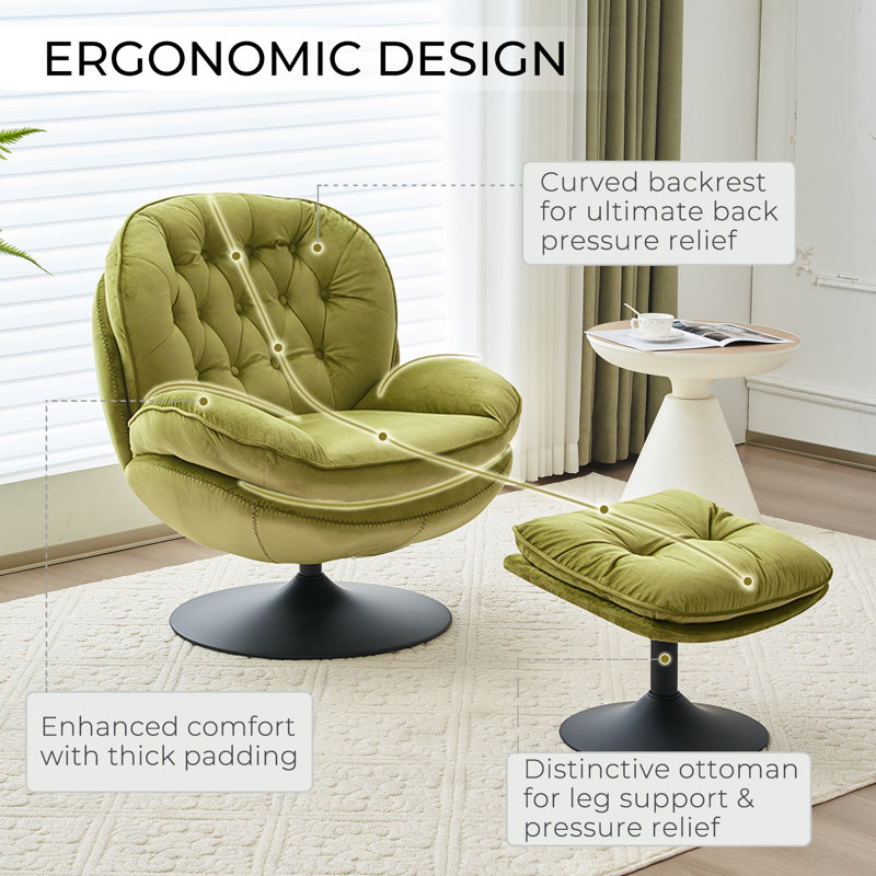 Zenon Velvet Swivel Accent Chair with Ottoman, Grass Green Velvet