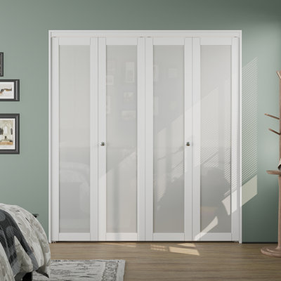 Double Bifold Doors 48"x80" , 1 Lite Tempered Frosted Glass Bi-Fold Closet Doors with Hardware Kit, Pre-Assembled White Folding Interior Doors, Easy Installati